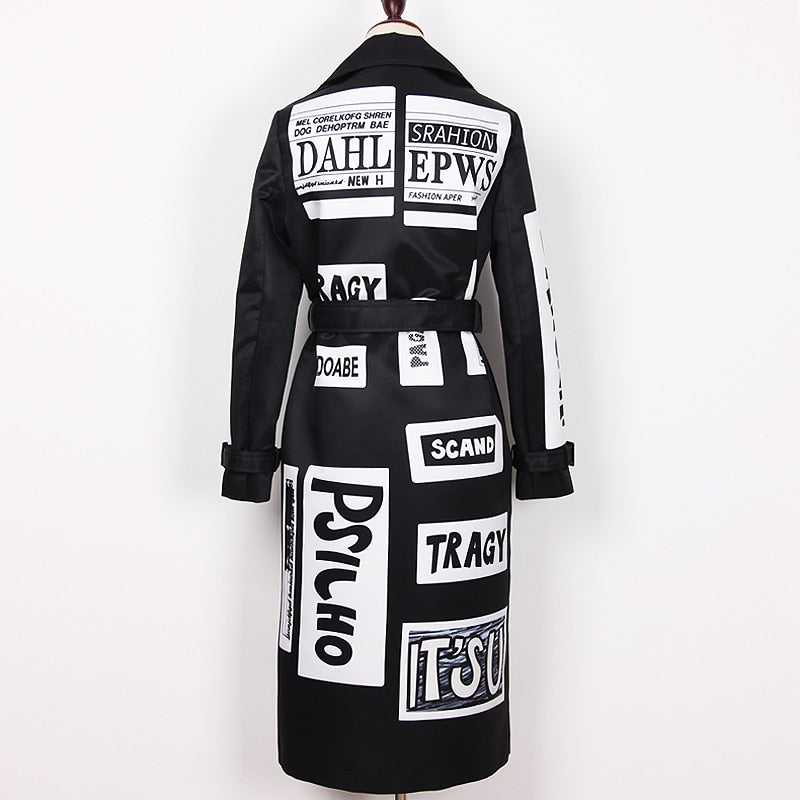 S-3XL High Quality Brand Printing Letter Pattern Loose Version Double Breasted Belt Long Sleeve Women Windbreaker Jacket