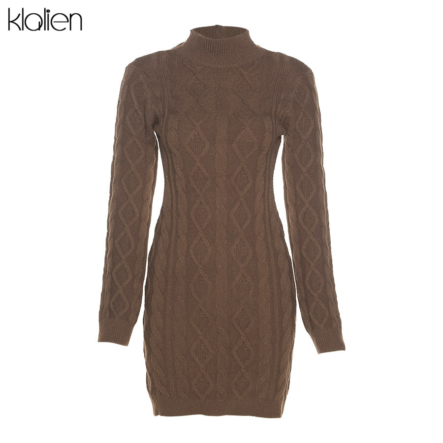 KLALIEN Solid Long Sleeve Turtleneck Sweater Dress Women 2023 Autumn Warm Streetwear Slim Stretch Backless Bodycon Mini Dresses