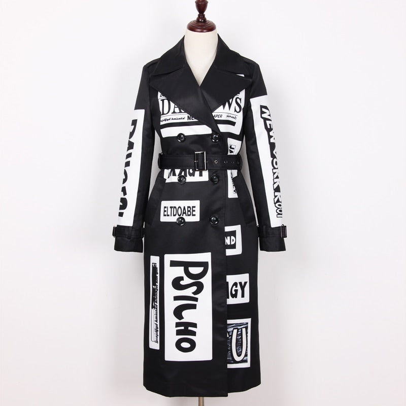 S-3XL High Quality Brand Printing Letter Pattern Loose Version Double Breasted Belt Long Sleeve Women Windbreaker Jacket