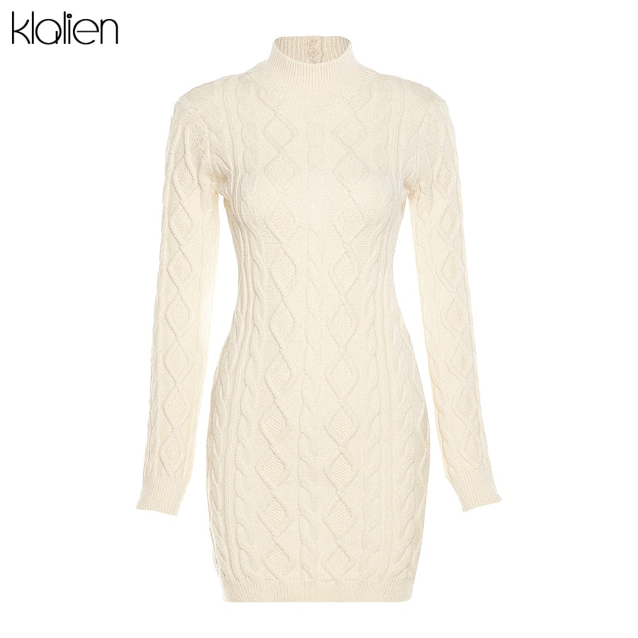 KLALIEN Solid Long Sleeve Turtleneck Sweater Dress Women 2023 Autumn Warm Streetwear Slim Stretch Backless Bodycon Mini Dresses