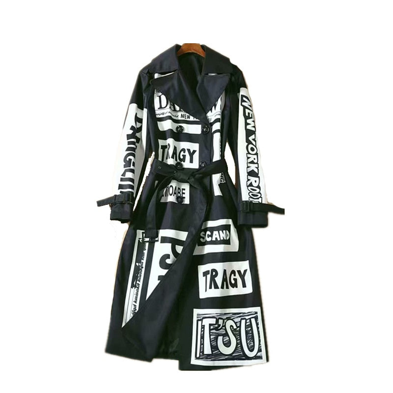 S-3XL High Quality Brand Printing Letter Pattern Loose Version Double Breasted Belt Long Sleeve Women Windbreaker Jacket