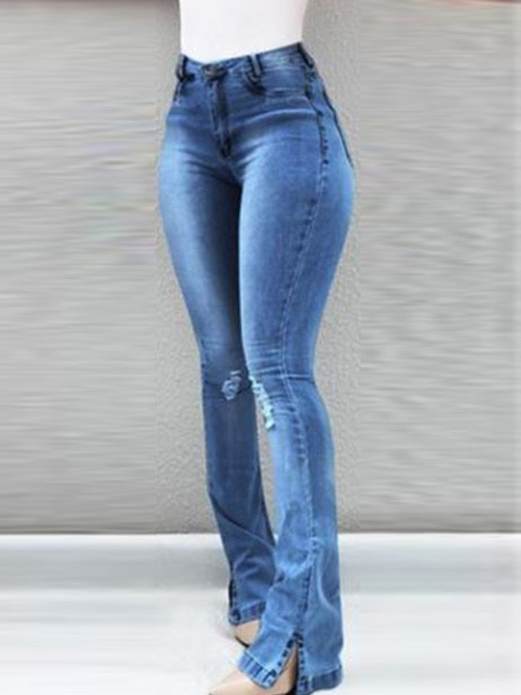 High Waist Ripped Bell-Bottom Jeans Women Pockets Design Casual Denim Pants