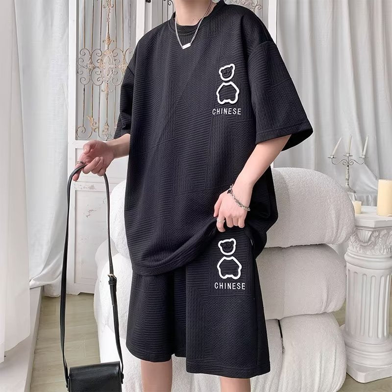 6XL Large Men's Sports Suit New Korean High Street Fashion T-shirt Shorts Two-piece Set Men Retro Neck Top Designer Clothes Men