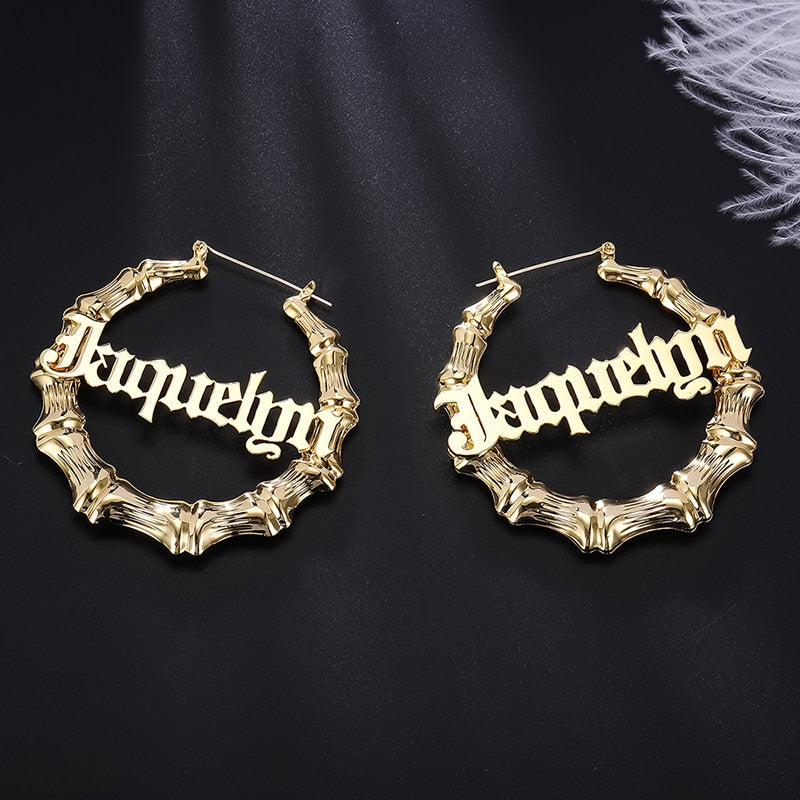 45mm-90mm Custom Bamboo Hoop Earrings Customize Name Earrings Bamboo Style Personality Earrings With Statement Words Hiphop Sexy