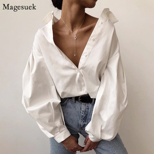 Casual Vintage Sexy Button White Blouse Women Lantern Sleeve Oversized Loose Women Shirt Cotton Office Ladies Tops Blusas 10903