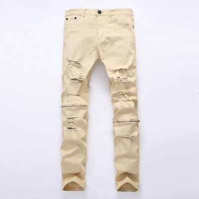 White Ripped Jeans Men With Holes Super Skinny Famous Designer Brand Slim Fit Destroyed Jeans Pencil pants Slim zipper Jeans