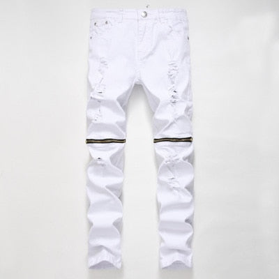 White Ripped Jeans Men With Holes Super Skinny Famous Designer Brand Slim Fit Destroyed Jeans Pencil pants Slim zipper Jeans