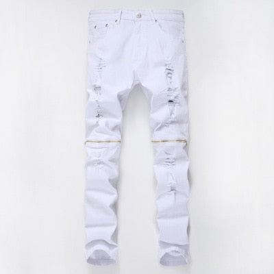 White Ripped Jeans Men With Holes Super Skinny Famous Designer Brand Slim Fit Destroyed Jeans Pencil pants Slim zipper Jeans