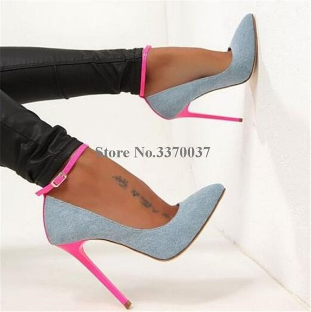 Brand Design Women Fashion Pointed Toe Patent Leather Stiletto Thin Heel Pumps Ankle Strap Super High Heels Club Shoes