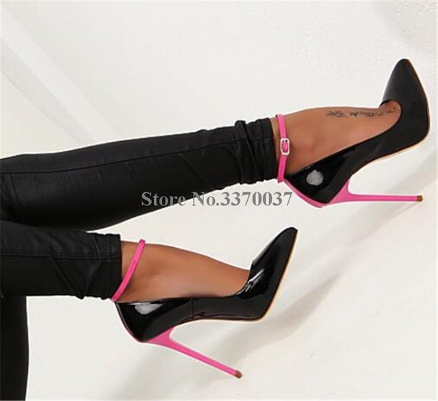 Brand Design Women Fashion Pointed Toe Patent Leather Stiletto Thin Heel Pumps Ankle Strap Super High Heels Club Shoes