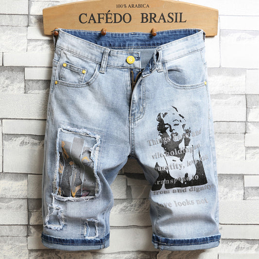 3D character art printed men&#39;s light blue comfortable denim shorts 2020 summer new youth must-have fashion slim jeans shorts