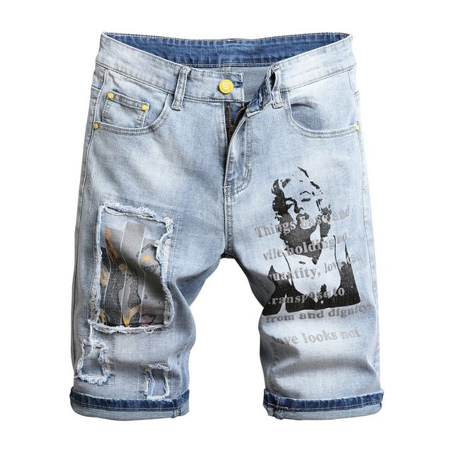 3D character art printed men&#39;s light blue comfortable denim shorts 2020 summer new youth must-have fashion slim jeans shorts