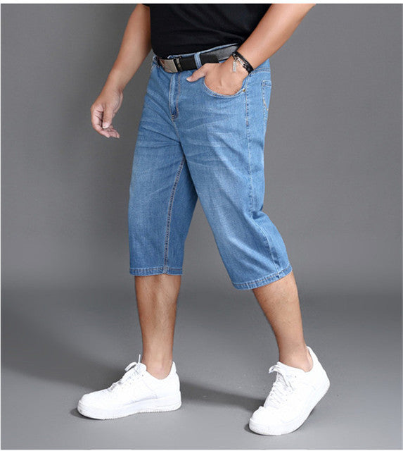 Summer Jeans Shorts Mens Denim Elastic Stretched Thin Short Jean Oversized Plus Light Blue 42 44 46 48 Male Calf Length Trousers