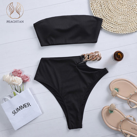 Peachtan Solid bikini 2021 High waist swimwear female Chain swimsuit women Bandeau 2 pieces set Sports bathing suit Ribbed new