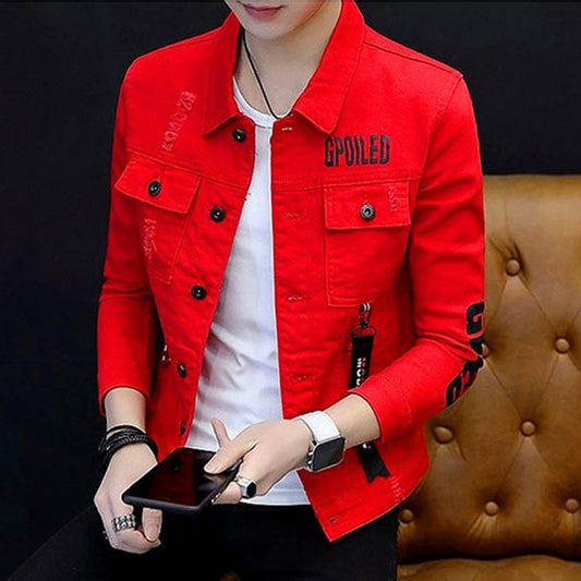 Hot 2021 Men\'s denim jacket spring autumn letter printed Grey/red/black/white Slim cowboy handsome clothes teenagers denim coat