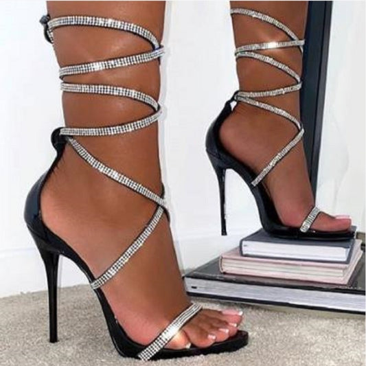 2021 Summer New Gladiator Women Sandals Fashion Black Ankle Strap Crystal Lace-Up Open Toe High Heels zapatos de mujer