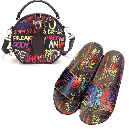 Ladies Shoes and Sandals Slides and Handbag Set Sandalen Dames 2021 Chanclas Mujer with Purses Donna Pantofole Graffiti Bag