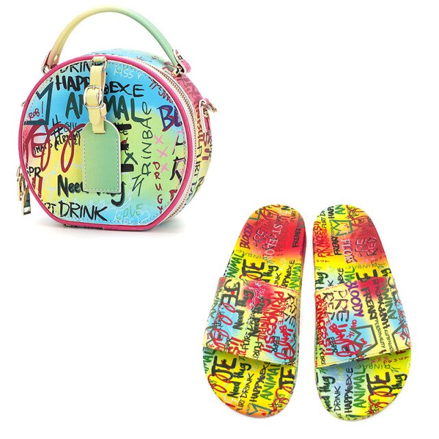 Ladies Shoes and Sandals Slides and Handbag Set Sandalen Dames 2021 Chanclas Mujer with Purses Donna Pantofole Graffiti Bag