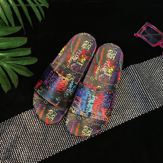 Ladies Shoes and Sandals Slides and Handbag Set Sandalen Dames 2021 Chanclas Mujer with Purses Donna Pantofole Graffiti Bag