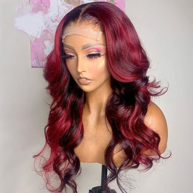 Lace Front Human Hair 99j Wigs Ombre Red Burgundy 180% Brazilian Remy Wigs 99j Red Highlight Wavy Hair Wig For Women Preplucked