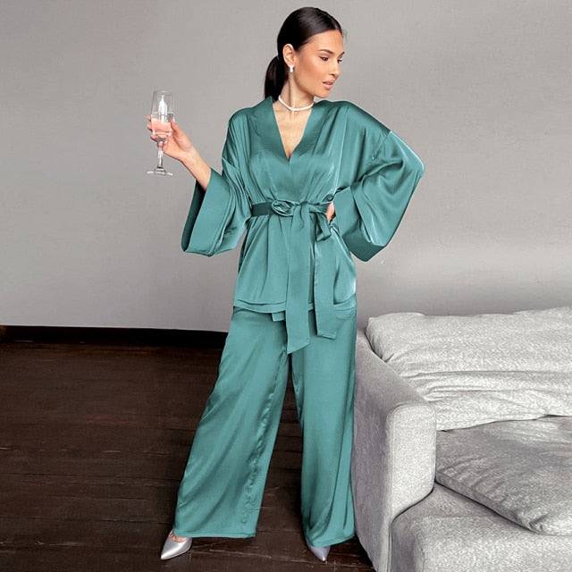 HECHAN Solid Women Robes With Sashes 2 Piece Set Wrist Sleep Tops Satin Pants Loose Pajamas Casual Sleepwear Female Home Suits