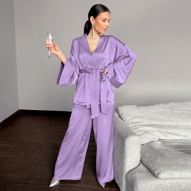 HECHAN Solid Women Robes With Sashes 2 Piece Set Wrist Sleep Tops Satin Pants Loose Pajamas Casual Sleepwear Female Home Suits