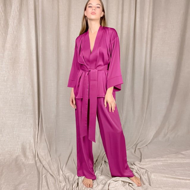 HECHAN Solid Women Robes With Sashes 2 Piece Set Wrist Sleep Tops Satin Pants Loose Pajamas Casual Sleepwear Female Home Suits