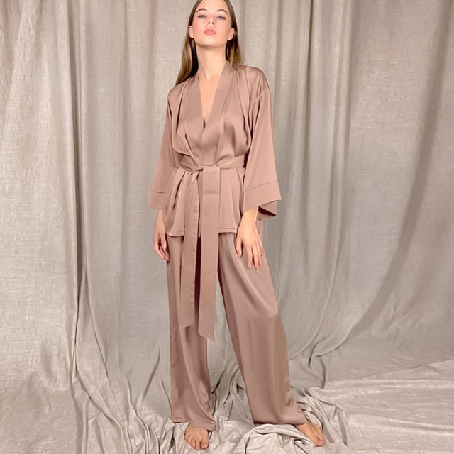 HECHAN Solid Women Robes With Sashes 2 Piece Set Wrist Sleep Tops Satin Pants Loose Pajamas Casual Sleepwear Female Home Suits