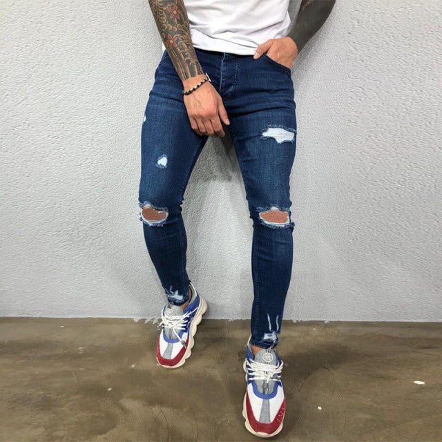 Men Jeans Knee Hole Ripped Stretch Skinny Denim Pants Solid Color Black Blue Autumn Summer Hip-Hop Style Slim Fit Trousers S-4XL