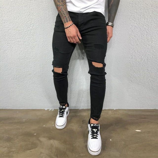 Men Jeans Knee Hole Ripped Stretch Skinny Denim Pants Solid Color Black Blue Autumn Summer Hip-Hop Style Slim Fit Trousers S-4XL