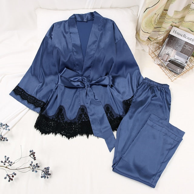 HECHAN Solid Women Robes With Sashes 2 Piece Set Wrist Sleep Tops Satin Pants Loose Pajamas Casual Sleepwear Female Home Suits