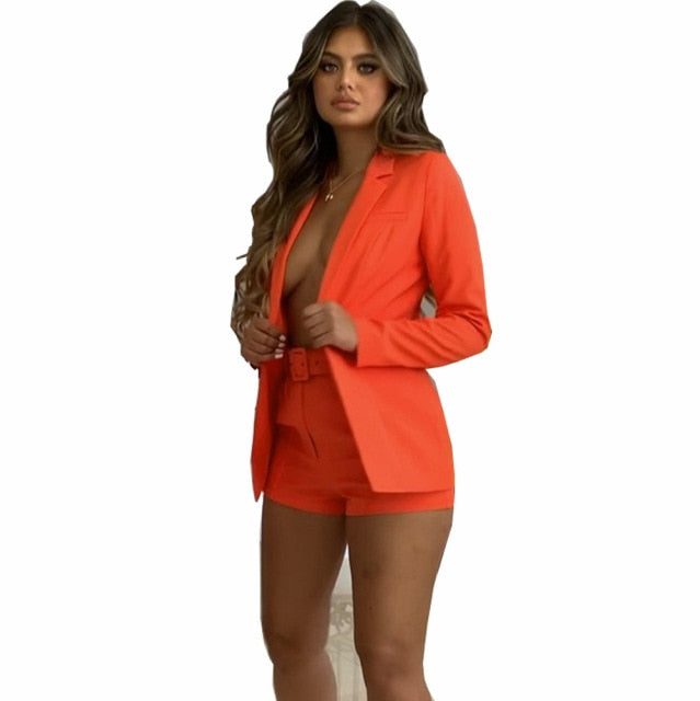 Two Piece Blazer Suit Women Office Sets Autumn Long Sleeve Cardigan Blazer Shorts Solid 2 Piece Set Lady Casual Blazers Set