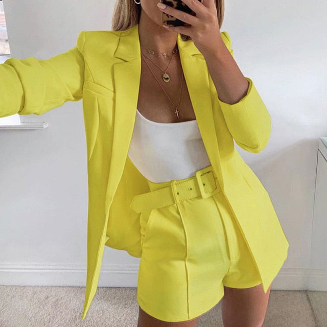 Two Piece Blazer Suit Women Office Sets Autumn Long Sleeve Cardigan Blazer Shorts Solid 2 Piece Set Lady Casual Blazers Set