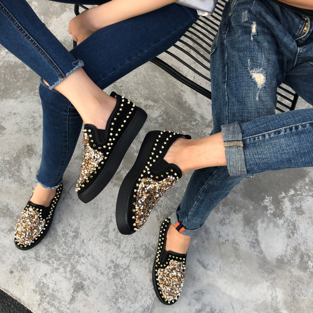 LazySeal Luxury Women Flats Rhinestone Bling Sewing Platform Loafers Slip on Sewing Shallow Fashion Casual Shoes Ladies Footwear