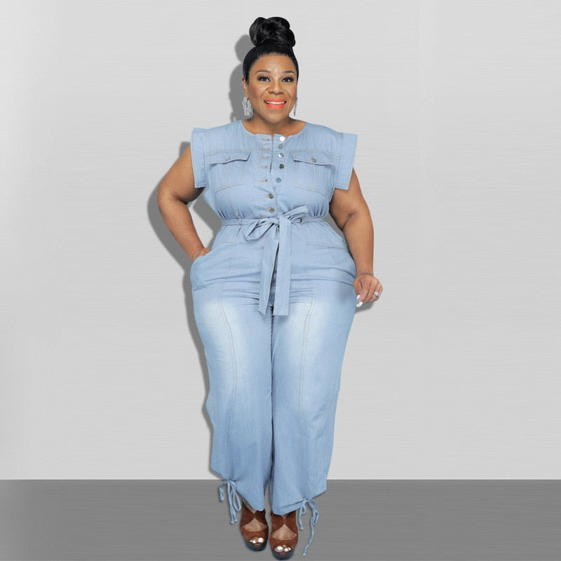 Plus Size Women Clothing Summer Denim Jumpsuit Washed Jeans Romper Buttons Jump Suit Cowboy Wide Leg Pant Jumpersuit Streetwear