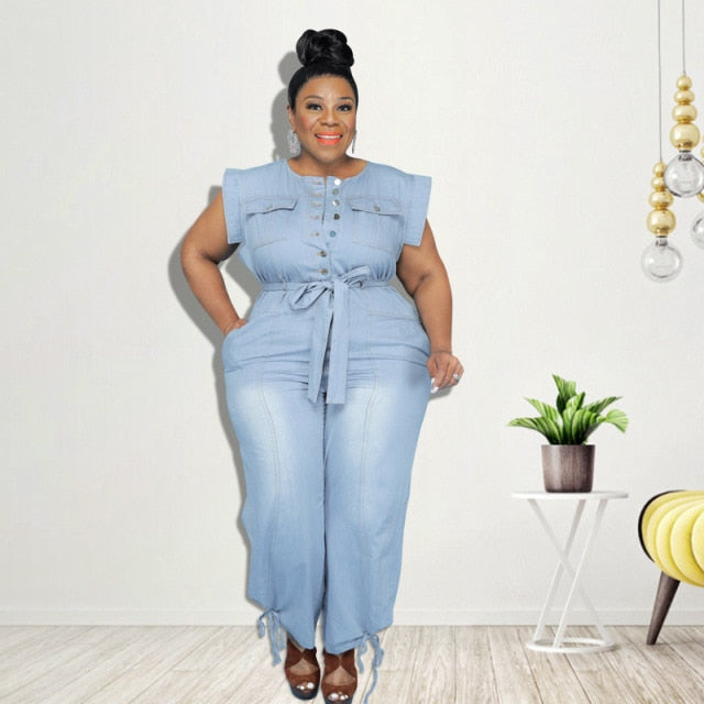 Plus Size Women Clothing Summer Denim Jumpsuit Washed Jeans Romper Buttons Jump Suit Cowboy Wide Leg Pant Jumpersuit Streetwear