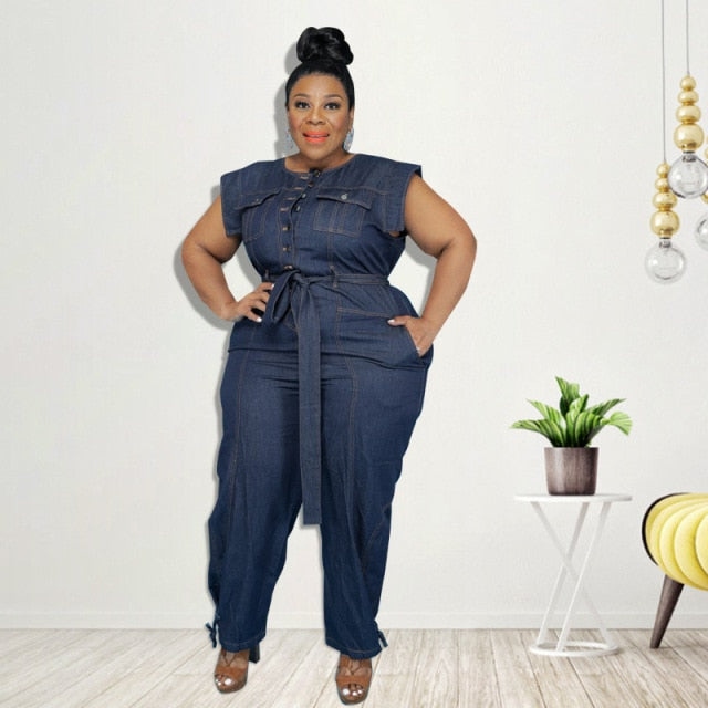 Plus Size Women Clothing Summer Denim Jumpsuit Washed Jeans Romper Buttons Jump Suit Cowboy Wide Leg Pant Jumpersuit Streetwear