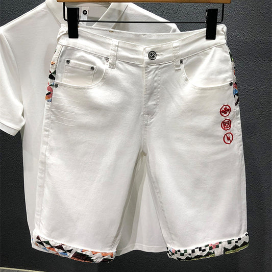 Summer New Jeans Shorts Men Stitching Embroidery Knee-length White Black Retro Blue Fashion Japanese Stretch Denim Shorts