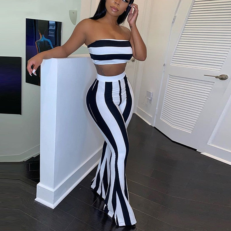 2021 Women Striped 2 piece set Women Outfits Crop Top Pants two pieces sets Summer Clothes for Female Sexy women&#39;s suit