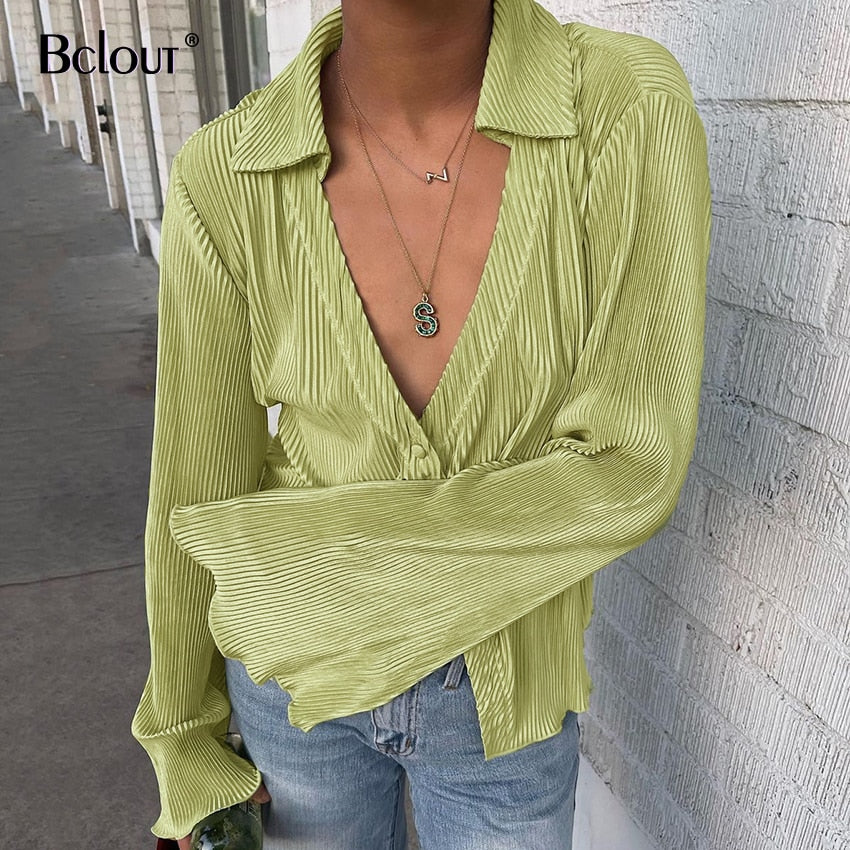 Bclout Green Vintage Flare Sleeve Blouse Shirt Spring Casual Single Breasted Women Top Autumn Oversize Turn Down Collar Shirts