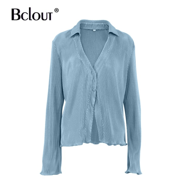 Bclout Green Vintage Flare Sleeve Blouse Shirt Spring Casual Single Breasted Women Top Autumn Oversize Turn Down Collar Shirts