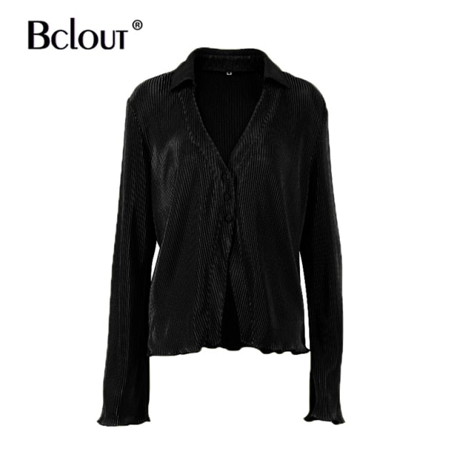 Bclout Green Vintage Flare Sleeve Blouse Shirt Spring Casual Single Breasted Women Top Autumn Oversize Turn Down Collar Shirts