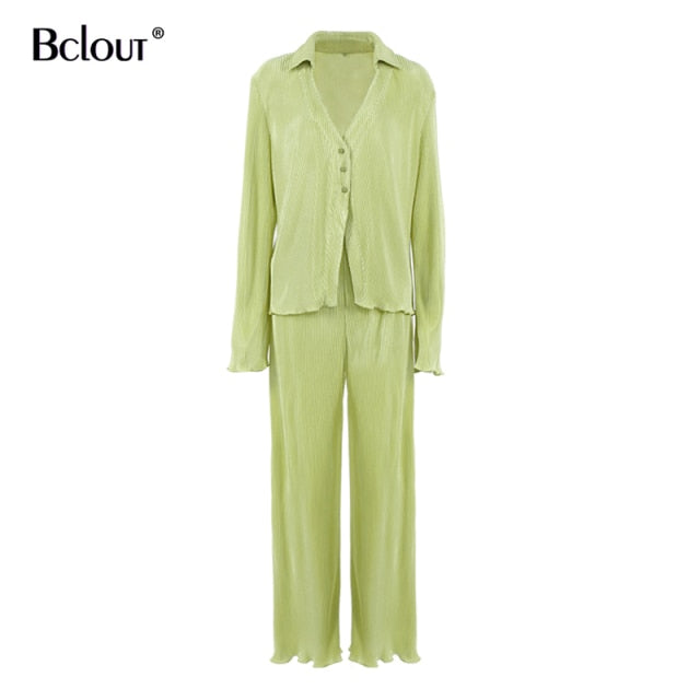 Bclout Green Vintage Flare Sleeve Blouse Shirt Spring Casual Single Breasted Women Top Autumn Oversize Turn Down Collar Shirts