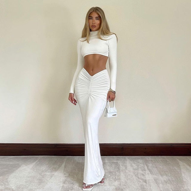 Cryptographic Elegant White Long Sleeve 2 Piece Set Outfits for Women Club Party Top and Dress Sets Long Ruched Matching Sets