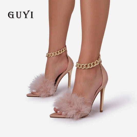 Summer 2021 Fashion Pointed Closed Toe Heels Sexy Womans High Heels Sandals Luxury Shoes Women Designers Feather Heels Female