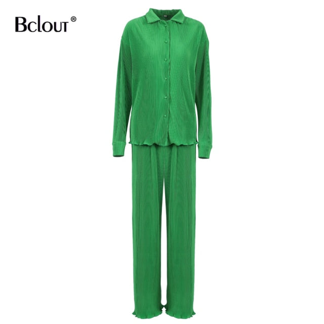 Bclout Green Vintage Flare Sleeve Blouse Shirt Spring Casual Single Breasted Women Top Autumn Oversize Turn Down Collar Shirts