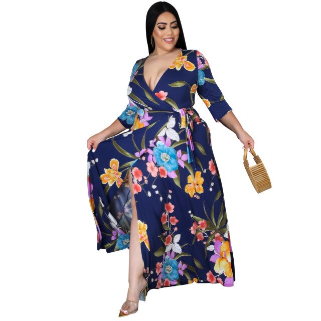 HAOOHU Women&#39;s Clothing Plus Size Bohemian Dress 2021 V-neck Mid-sleeve Split Beach Print Big Swing Dress Fashion Casual Urban