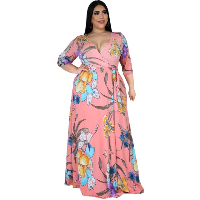 HAOOHU Women&#39;s Clothing Plus Size Bohemian Dress 2021 V-neck Mid-sleeve Split Beach Print Big Swing Dress Fashion Casual Urban