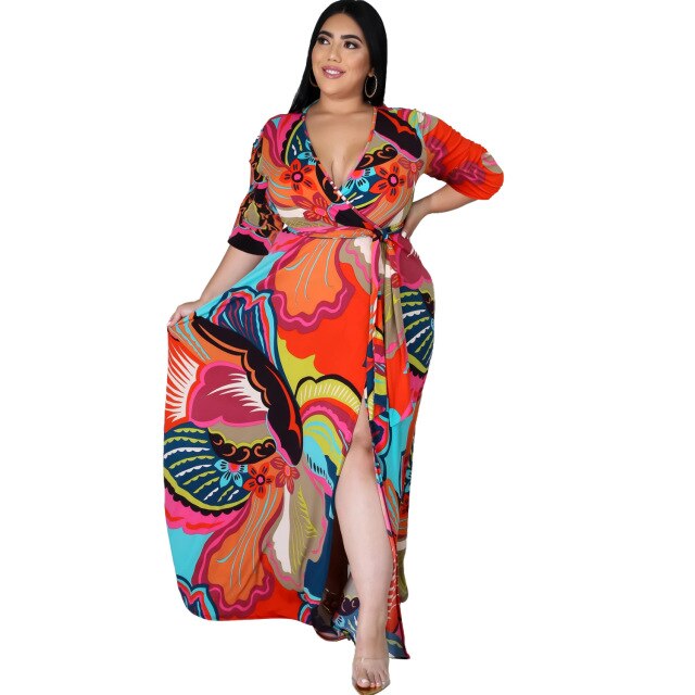 HAOOHU Women&#39;s Clothing Plus Size Bohemian Dress 2021 V-neck Mid-sleeve Split Beach Print Big Swing Dress Fashion Casual Urban