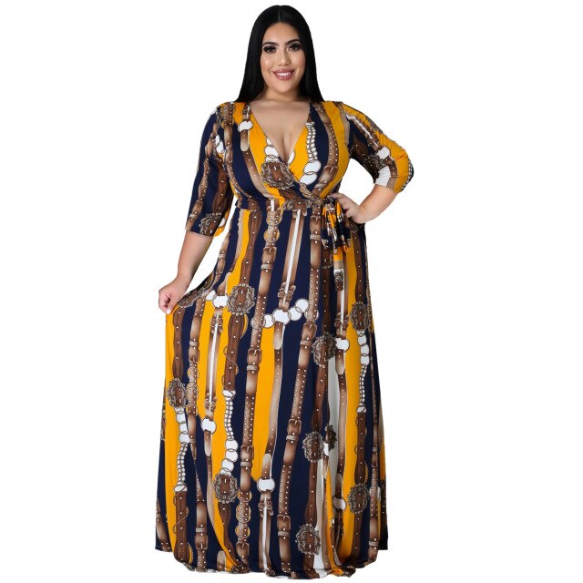 HAOOHU Women&#39;s Clothing Plus Size Bohemian Dress 2021 V-neck Mid-sleeve Split Beach Print Big Swing Dress Fashion Casual Urban